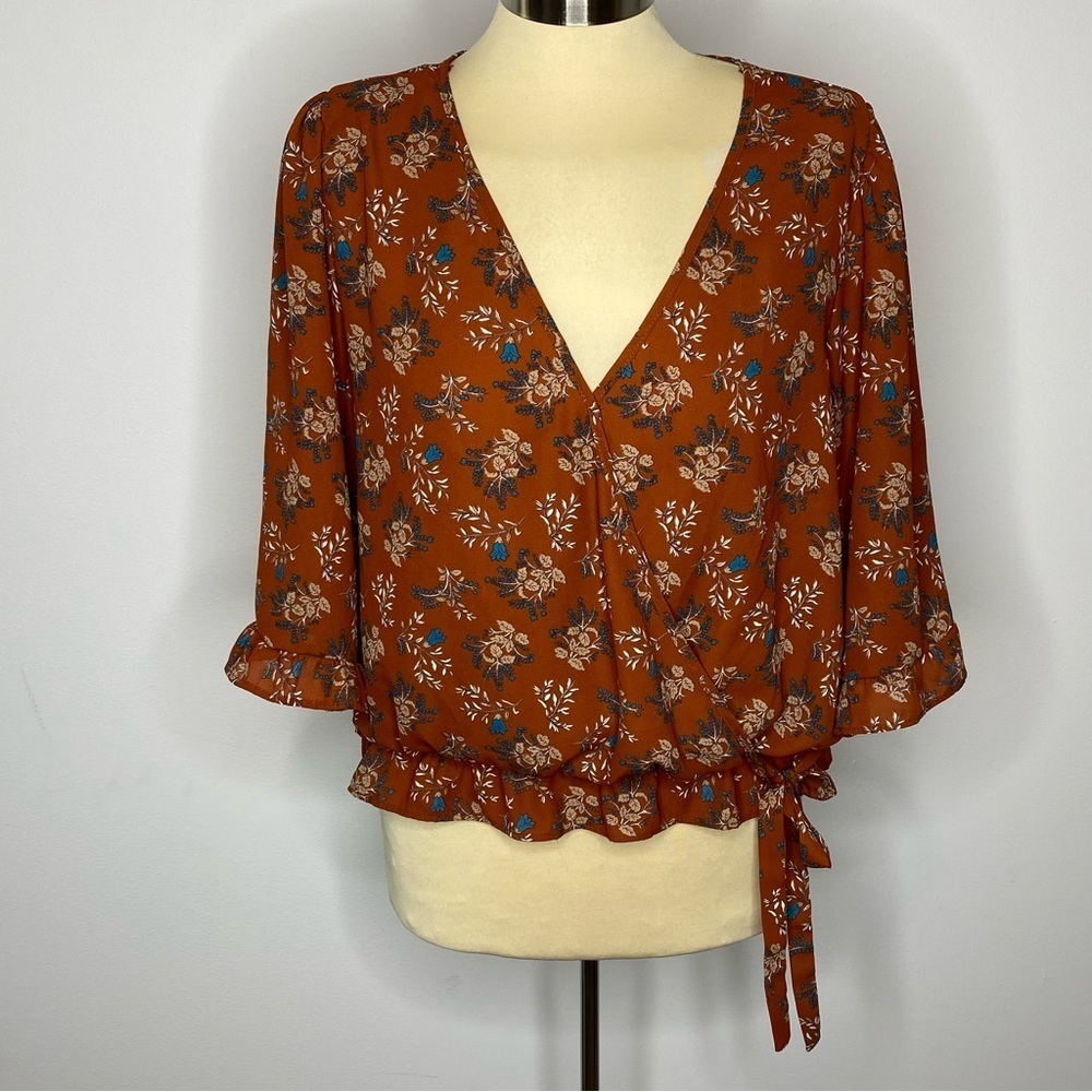 Sienna Sky Burnt Orange Blue Tan Floral Surplice Front Blouse